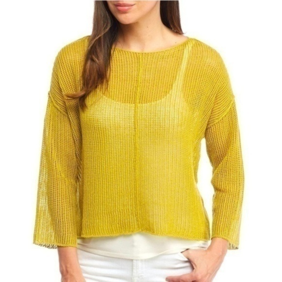 Eileen Fisher Tops - Eileen Fisher Yellow Organic Linen Knit Mesh Box Sweater Top size Medium M boho